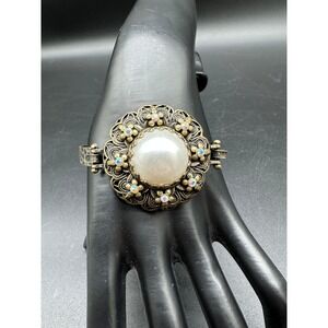 Vintage Style Faux Pearl Filigree Cuff Bracelet Gold Tone AB Rhinestone Floral
